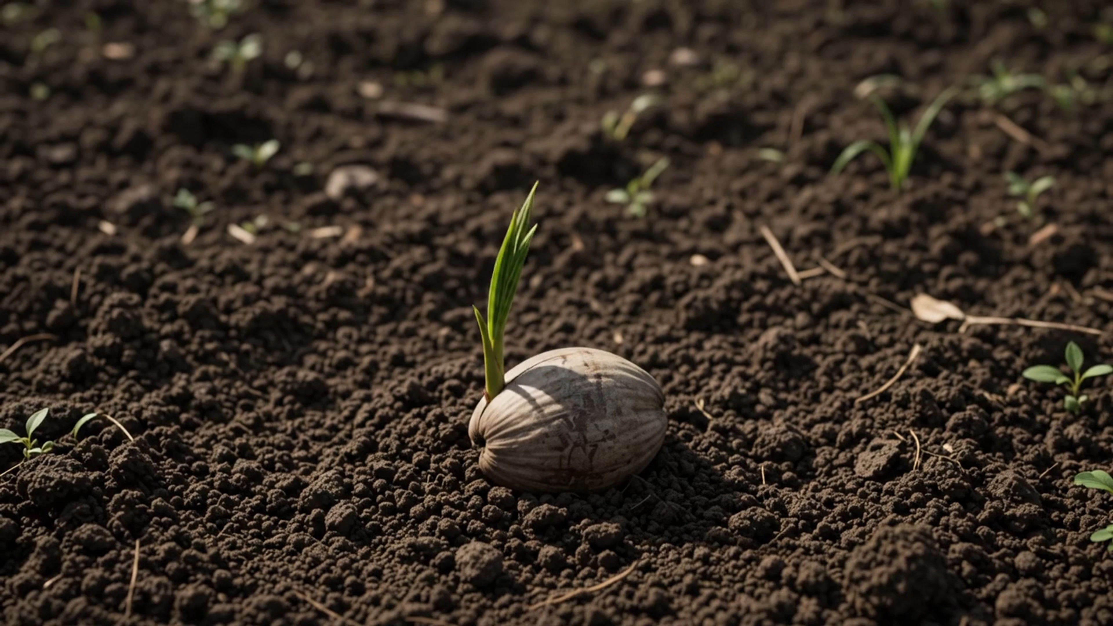 A coconut seedling growing in rich plantation soil
